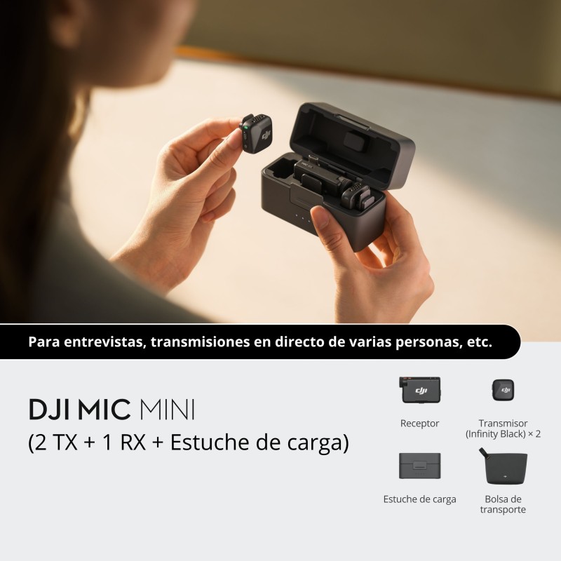 DJI Mic Mini (2 TX + 1 RX + Estuche de Carga) | Sistema de micrófono inalámbrico para entrevistas y grabaciones prolongadas