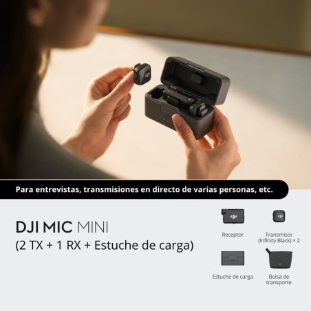 DJI Mic Mini (2 TX + 1 RX + Estuche de Carga) | Sistema de micrófono inalámbrico para entrevistas y grabaciones prolongadas
