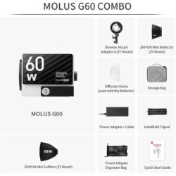 ZHIYUN Molus G60 Combo | Luz LED COB de 60W con accesorios y sistema de refrigeración DynaVort