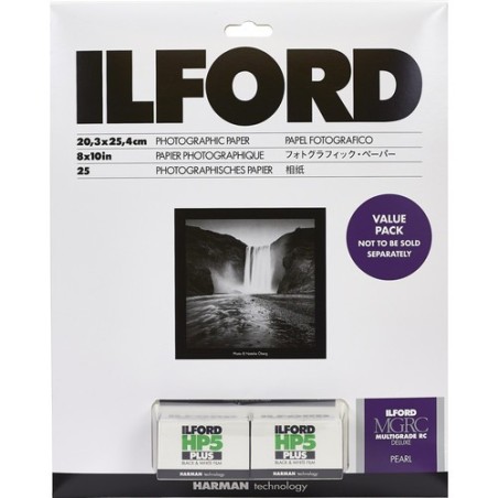Ilford MGRC Deluxe Pearl + HP5 Plus | Pack con papel fotográfico perlado 20.3x25.4cm y 2 carretes HP5 Plus