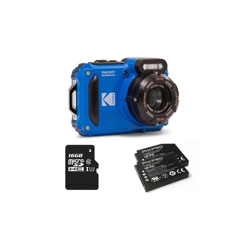 Kodak Pack Cámara Deportiva Pixpro WPZ2 Azul + 2 Baterías + SD 16GB | Compra Pack Completo | Precio Pack WPZ2