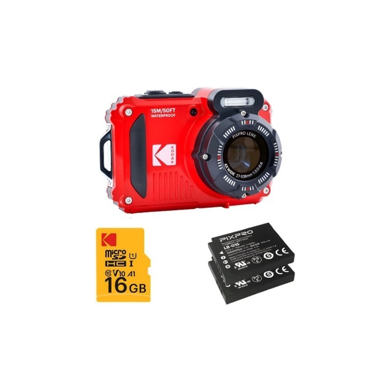 Kodak Pack Cámara Deportiva Pixpro WPZ2 Rojo + 2 Baterías + SD 16GB | Compra Pack Completo | Precio Pack WPZ2