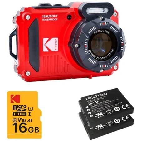Kodak Pack Cámara Deportiva Pixpro WPZ2 Rojo + 2 Baterías + SD 16GB | Compra Pack Completo | Precio Pack WPZ2