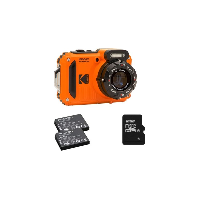 Kodak Pack Cámara Deportiva Pixpro WPZ2 Naranja + 2 Baterías + SD 16GB | Compra Pack Completo | Precio Pack WPZ2
