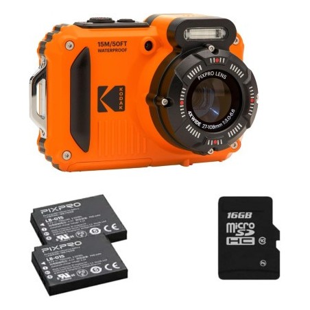 Kodak Pack Cámara Deportiva Pixpro WPZ2 Naranja + 2 Baterías + SD 16GB | Compra Pack Completo | Precio Pack WPZ2