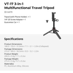 trípode de viaje multifunción | trípode 3 en 1 Insta360 | SmallRig 6479 VT-17 Trípode de Viaje Multifunción 3 en 1 para Insta360