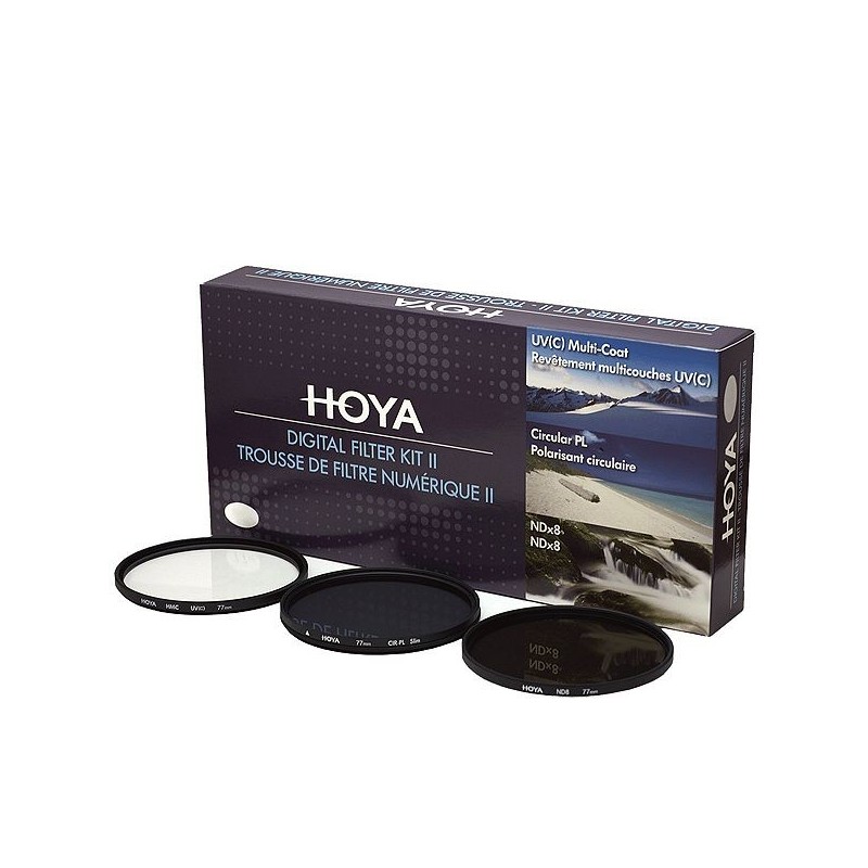 Hoya Filtros DFK77 II (UV, PLC, ND) 77mm | Kit profesional de filtros UV, CPL y ND para objetivos de 77mm